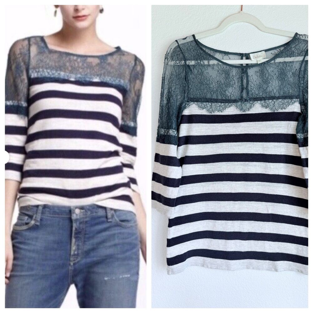 Anthropologie Deletta Lace & Lines 3/4 Sleeve Pullover in Teal, Navy & White M